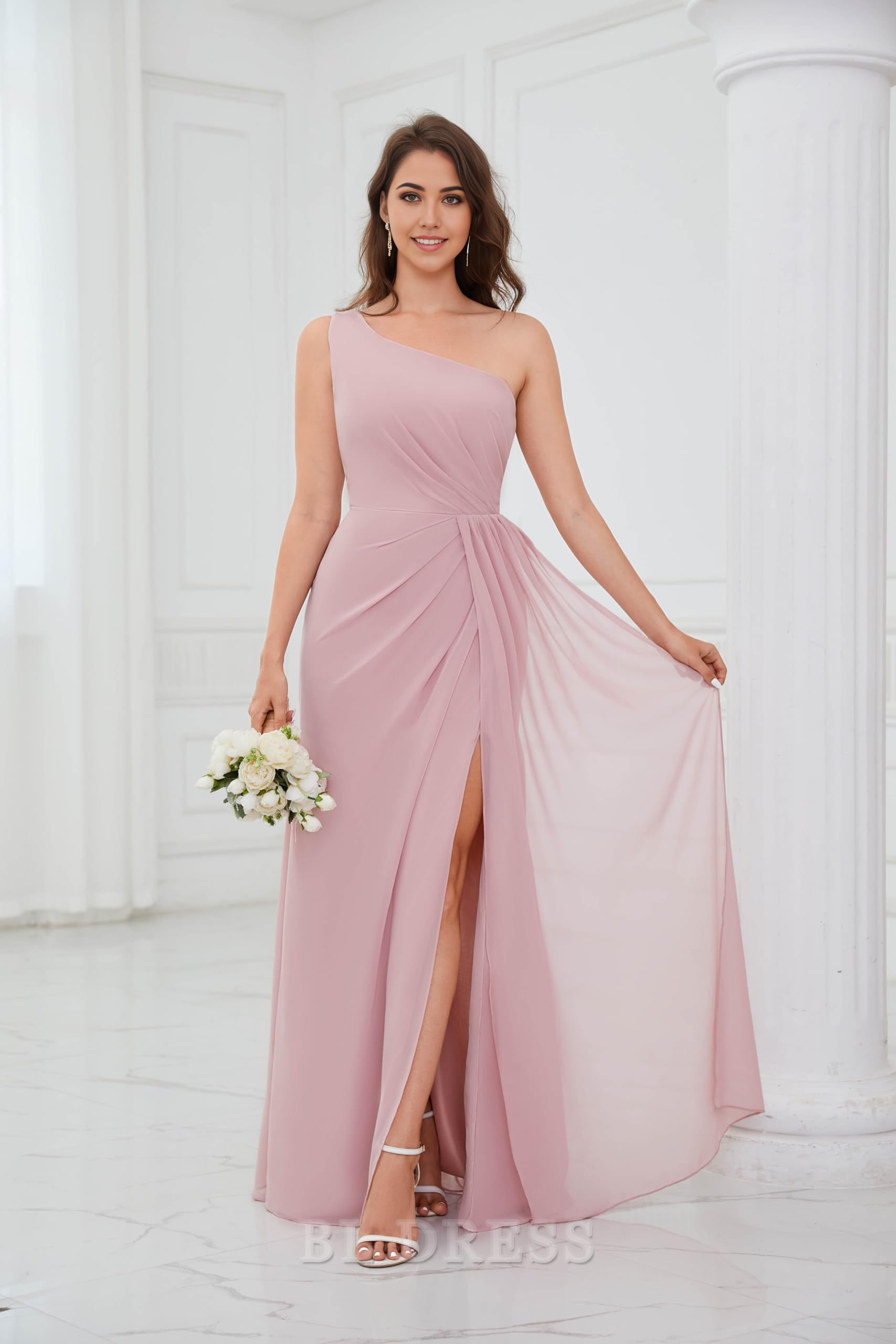 A Line One Shoulder Ruched Chiffon formal dresses Bridesmaid Dresses evening gown Prom Dress with Slit