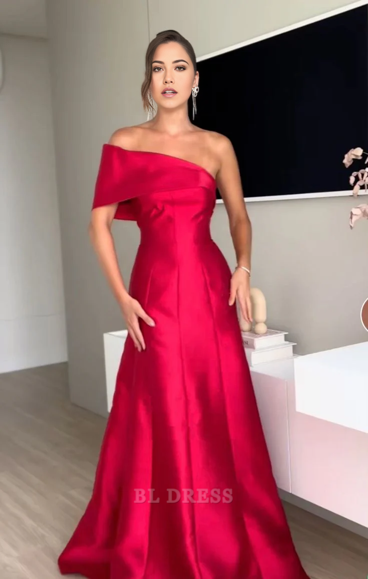 A line One Shoulder Red Satin Long formal dresses Bridesmaid Dresses evening gown Prom Dress
