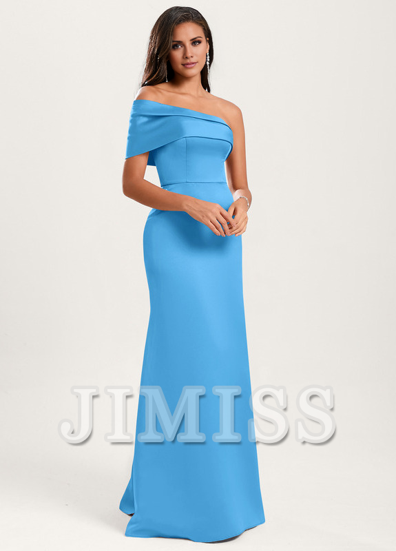 A-line asymmetric neckline floor-length satin bridesmaids dress