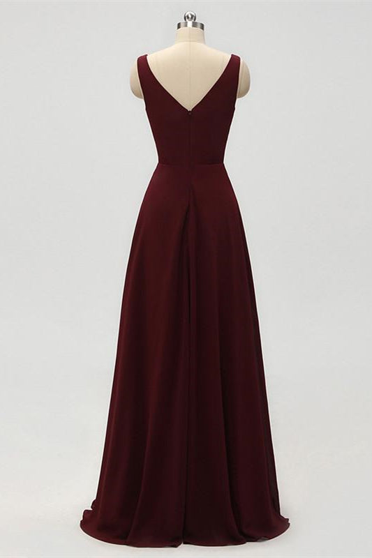 A-Line Double V-Neck Burgundy Bridesmaid Dress