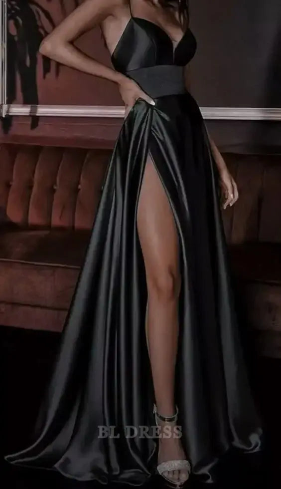 A line Spaghetti Straps Black Satin Slit Long formal dresses Bridesmaid Dresses evening gown Prom Dress