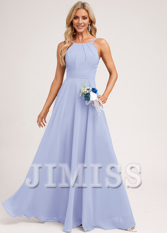 A-Line Halter Neck Floor Length Chiffon Bridesmaids Dress
