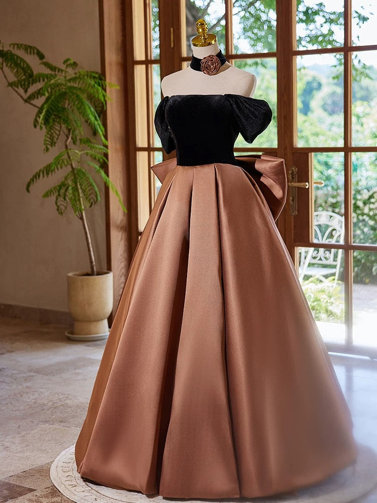 A-Line  Satin Velvet Brown Long Prom Dress, Brown Long Formal Dress