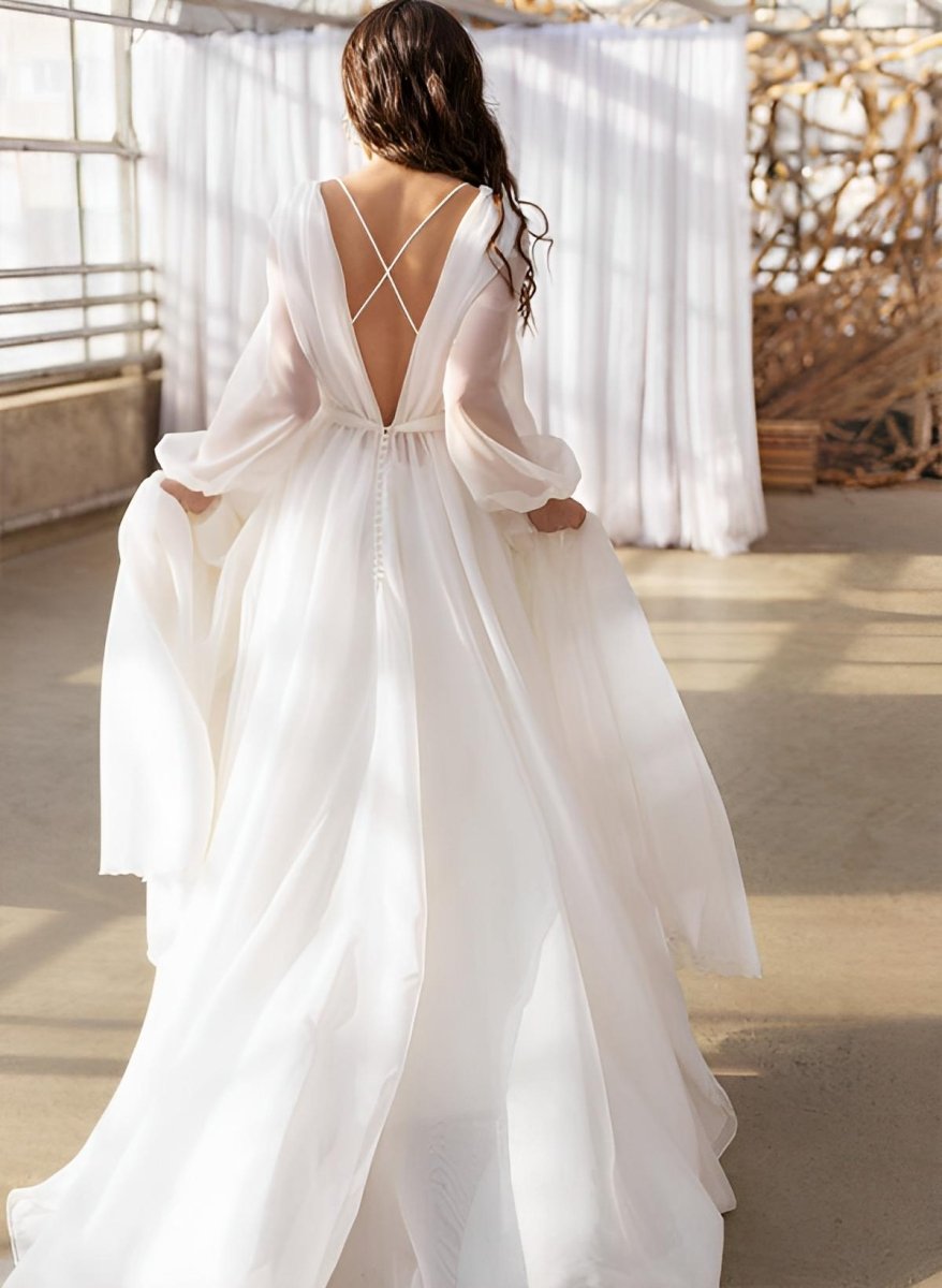 A-Line Illusion Neck Long Sleeves Sweep Train Organza Wedding Dresses