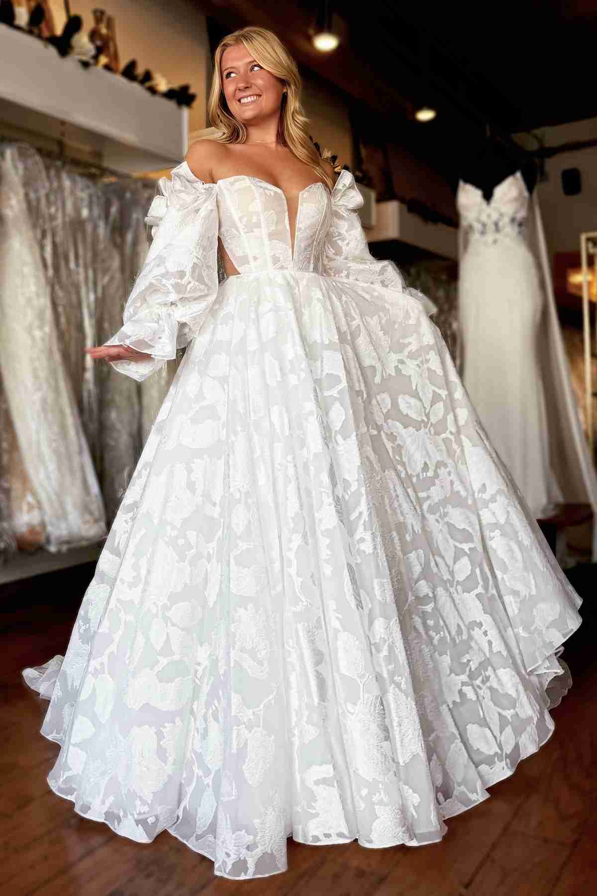 A-Line Lace Ivory Sweep Train V Neck Wedding Dress with Sleeves