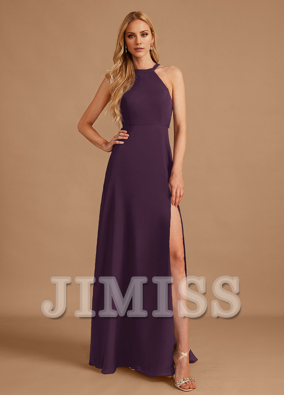 A-line high neck floor length chiffon bridesmaid dress