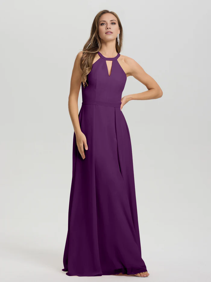 A-line keyhole collar sleeveless chiffon and floor length bridesmaid dress