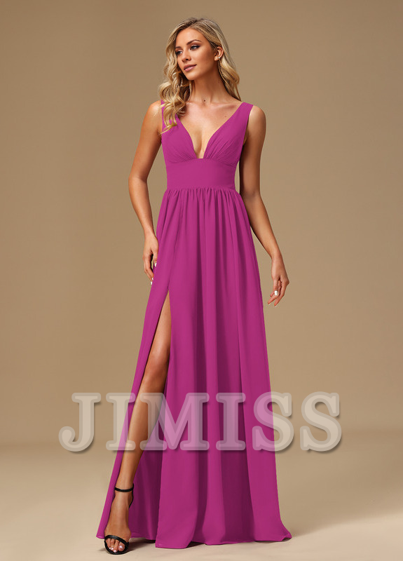 A-line dress V-neck floor-length chiffon bridesmaid dress
