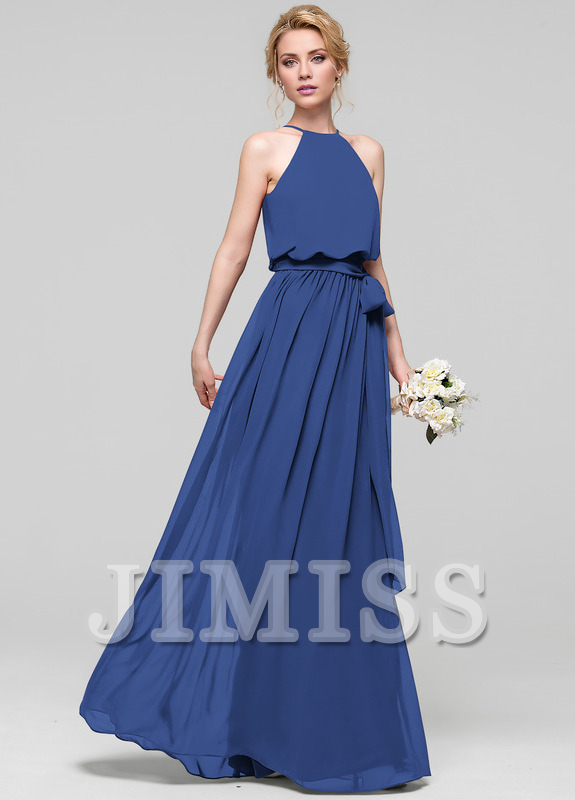 A-line low round neck bow floor mopping chiffon bridesmaid dress