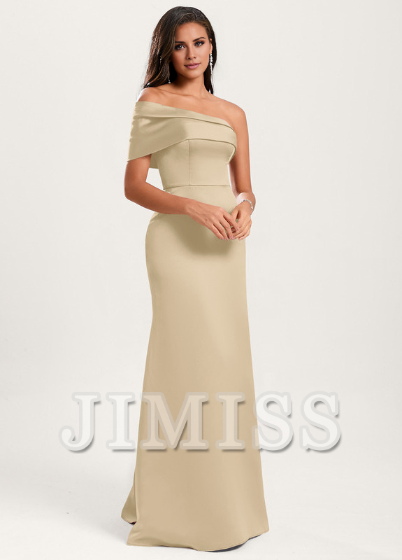A-line asymmetric neckline floor-length satin bridesmaids dress