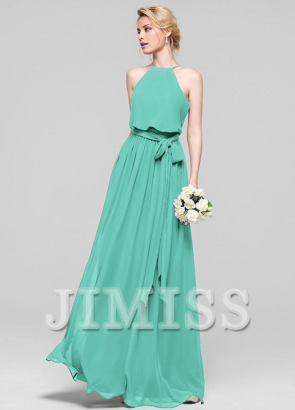 A-line low round neck bow floor mopping chiffon bridesmaid dress