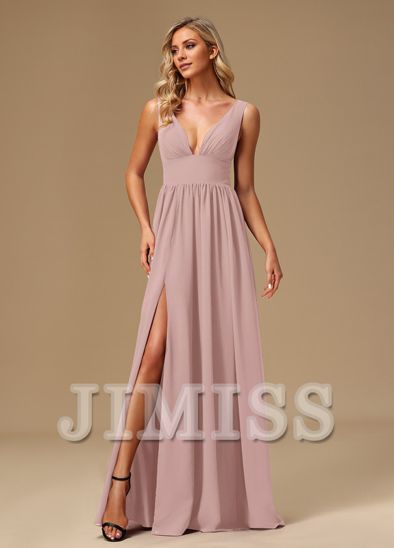 A-line dress V-neck floor-length chiffon bridesmaid dress
