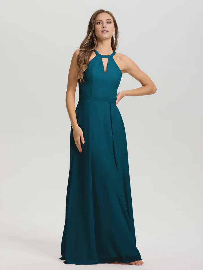 A-line keyhole collar sleeveless chiffon and floor length bridesmaid dress