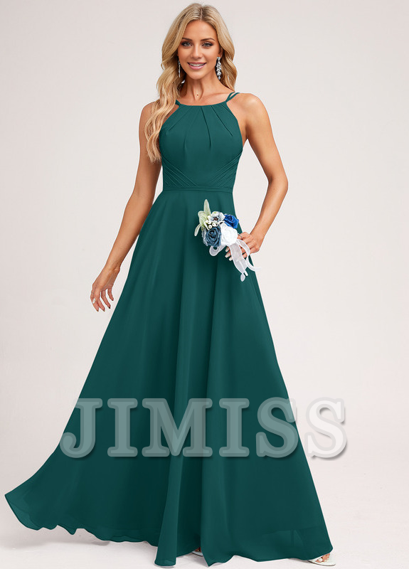 A-Line Halter Neck Floor Length Chiffon Bridesmaids Dress