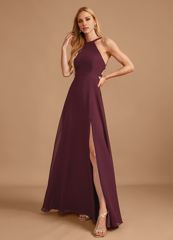 A-line high neck floor length chiffon bridesmaid dress