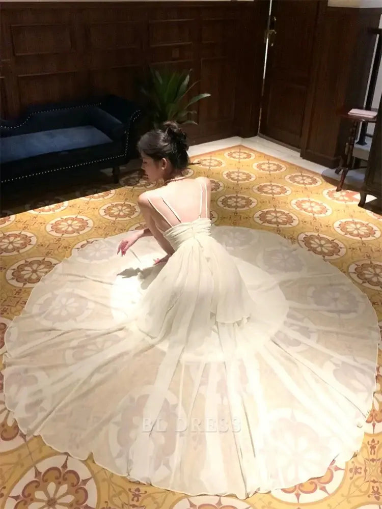 A Line Spaghetti Straps Ivory Long formal dresses Bridesmaid Dresses evening gown Prom Dress With Layers