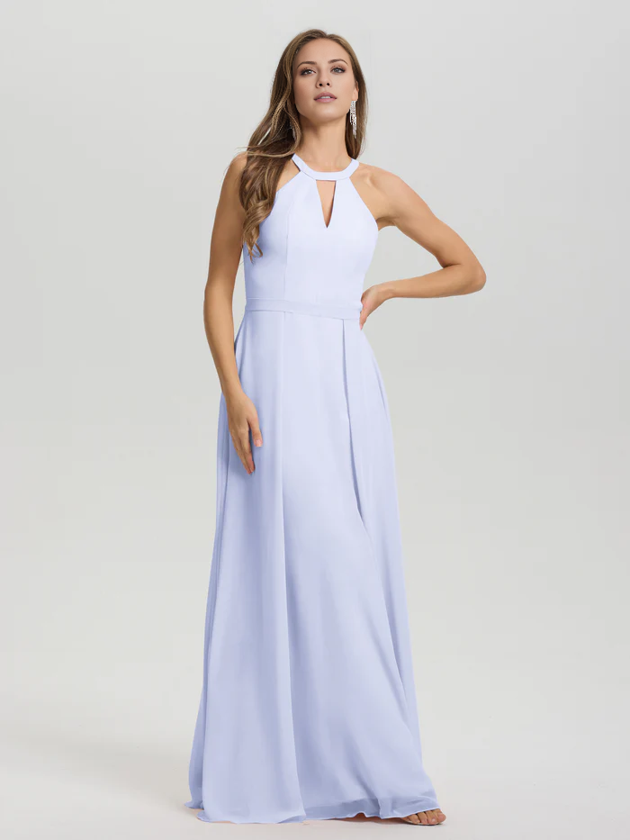 A-line keyhole collar sleeveless chiffon and floor length bridesmaid dress