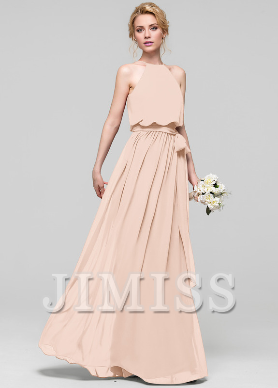 A-line low round neck bow floor mopping chiffon bridesmaid dress