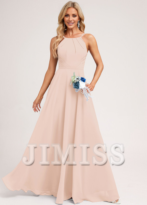 A-Line Halter Neck Floor Length Chiffon Bridesmaids Dress