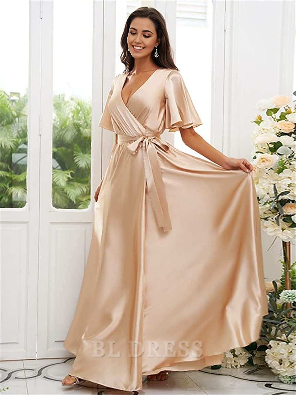 A Line V Neck Sleeves Satin formal dresses evening gown Bridesmaid Dresses with Slit