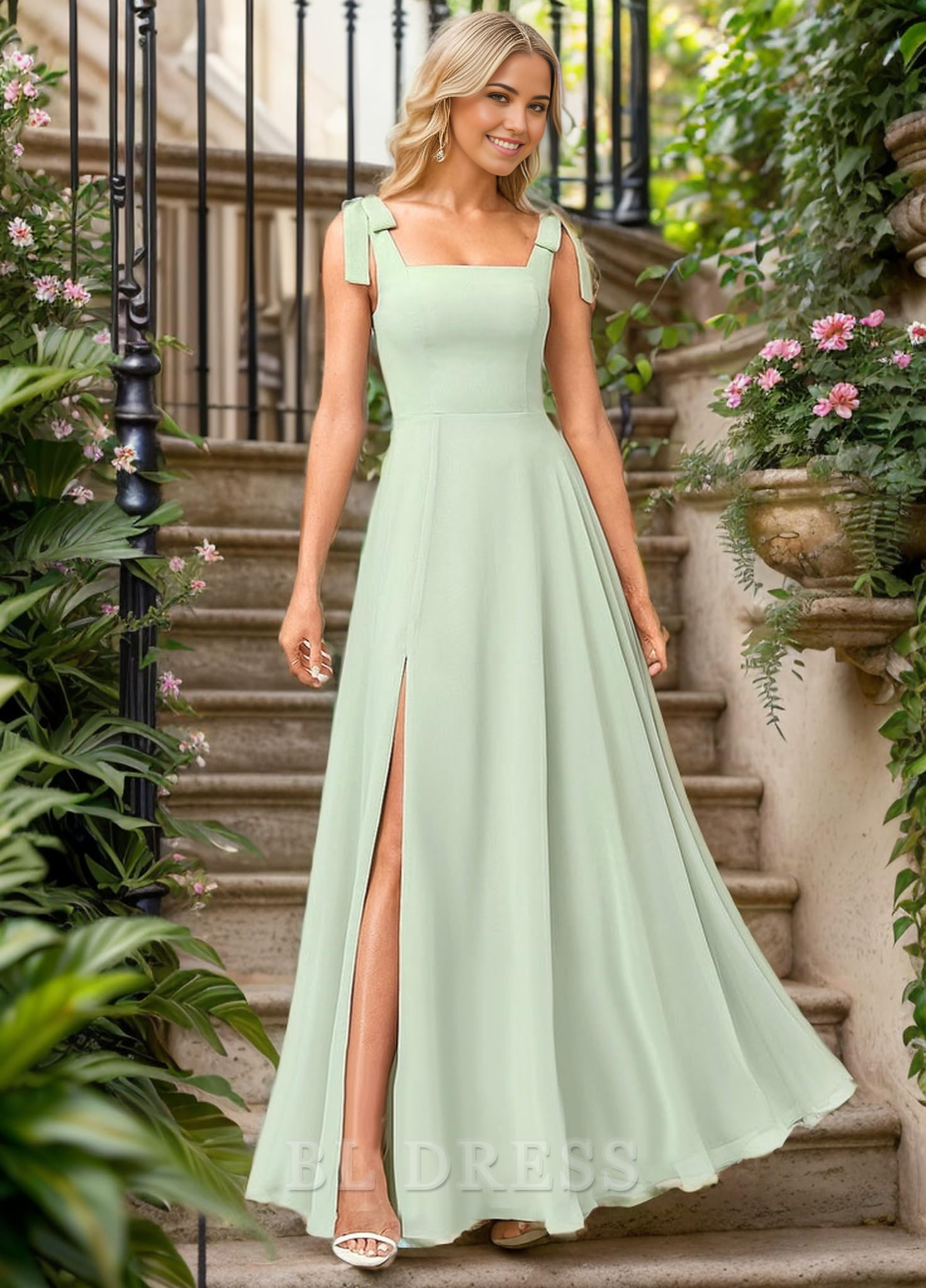 A Line Square Neck Chiffon formal dresses Bridesmaid Dresses evening gown Prom Dress with Slit