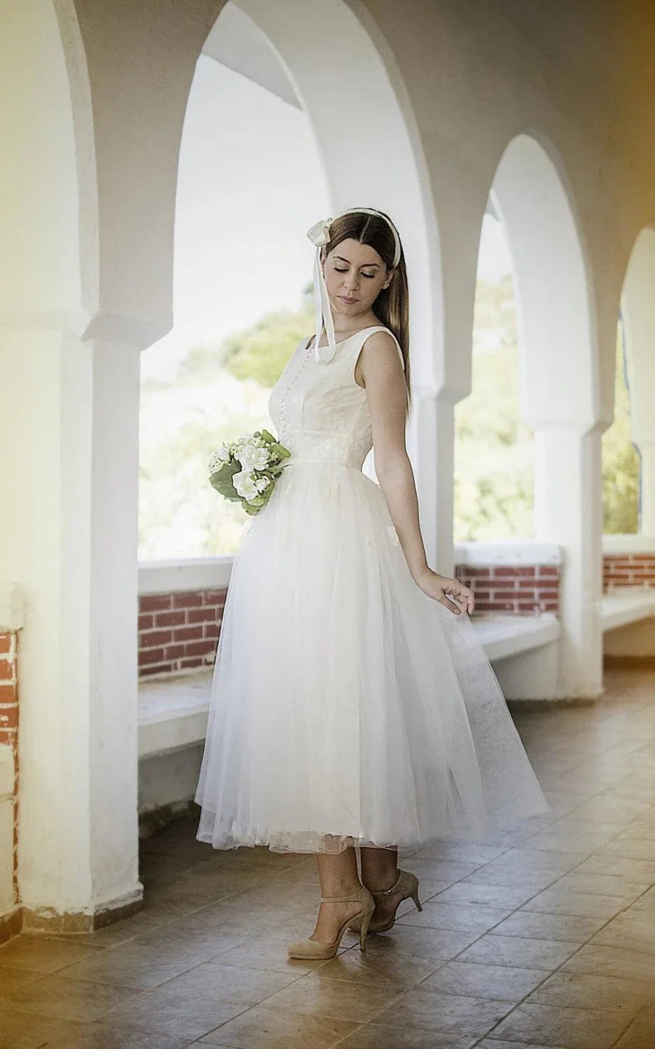 1950S Vintage Deep V Back Sleeveless Short Tulle Wedding Dress
