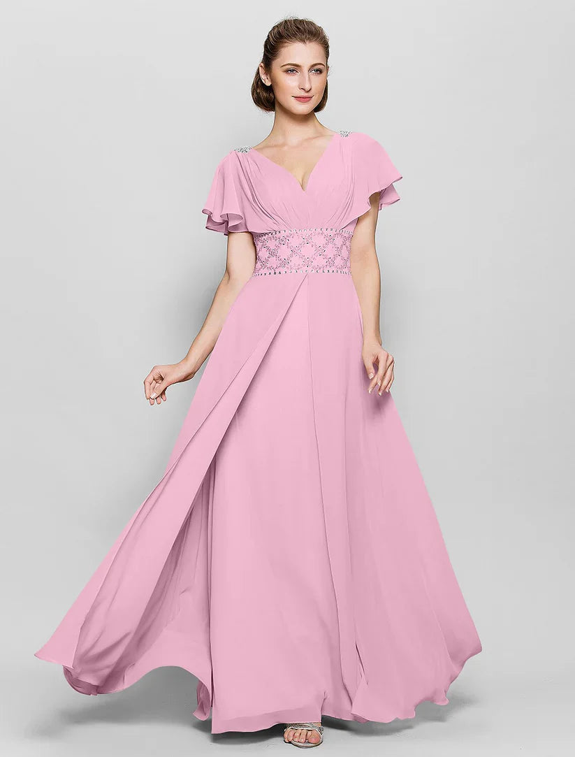 A-Line Mother of the Bride Dress Beautiful Back V Neck Floor Length Chiffon Short Sleeve No with Criss Cross Beading
