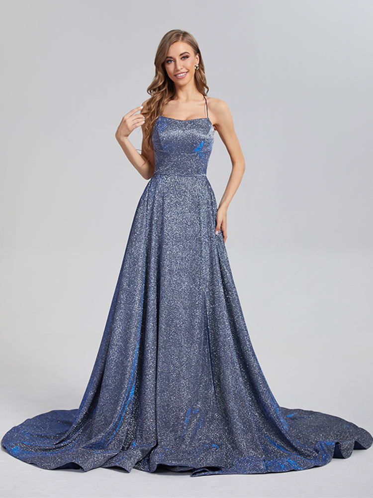 A-Line Court Train Sparkly Criss Cross Prom Dresses