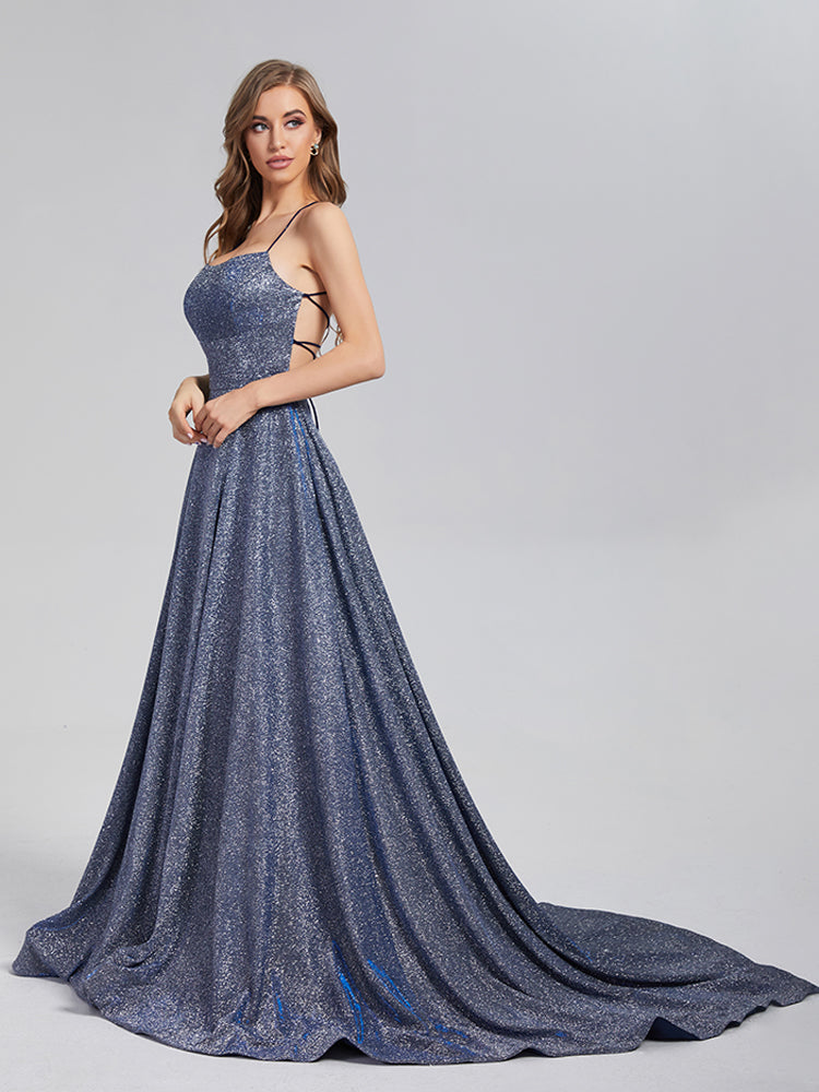 A-Line Court Train Sparkly Criss Cross Prom Dresses