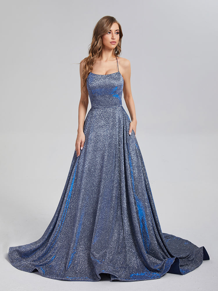 A-Line Court Train Sparkly Criss Cross Prom Dresses