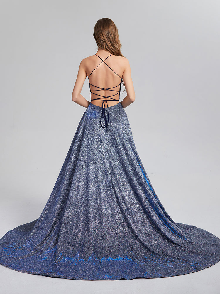 A-Line Court Train Sparkly Criss Cross Prom Dresses