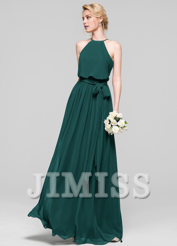 A-line low round neck bow floor mopping chiffon bridesmaid dress
