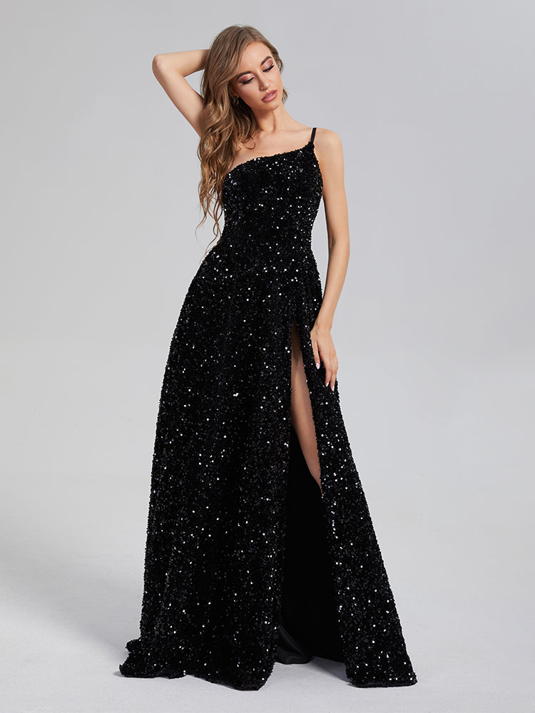 A-Line Charming One Shoulder Sequins Prom Dresses