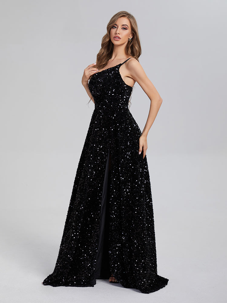 A-Line Charming One Shoulder Sequins Prom Dresses