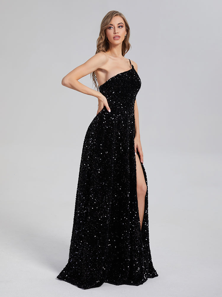 A-Line Charming One Shoulder Sequins Prom Dresses