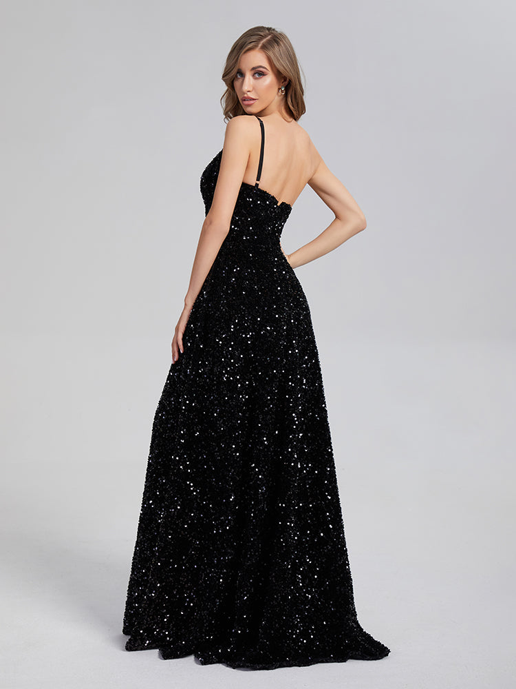 A-Line Charming One Shoulder Sequins Prom Dresses