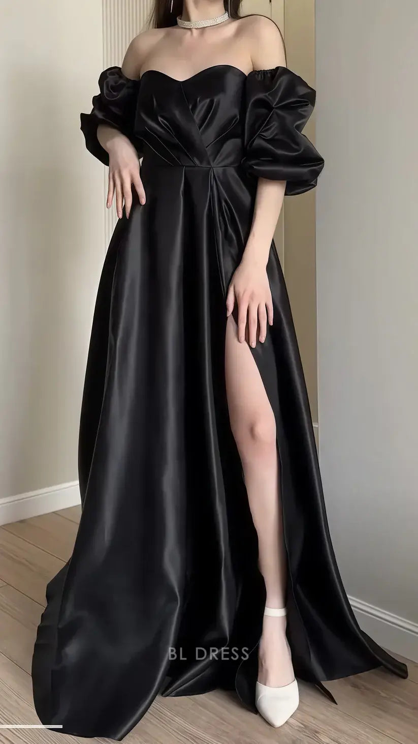 A-line Elegant Black Off The Shoulder Bubble Sleeves Sweetheart formal dresses Bridesmaid Dresses evening gown Prom Dress With Split