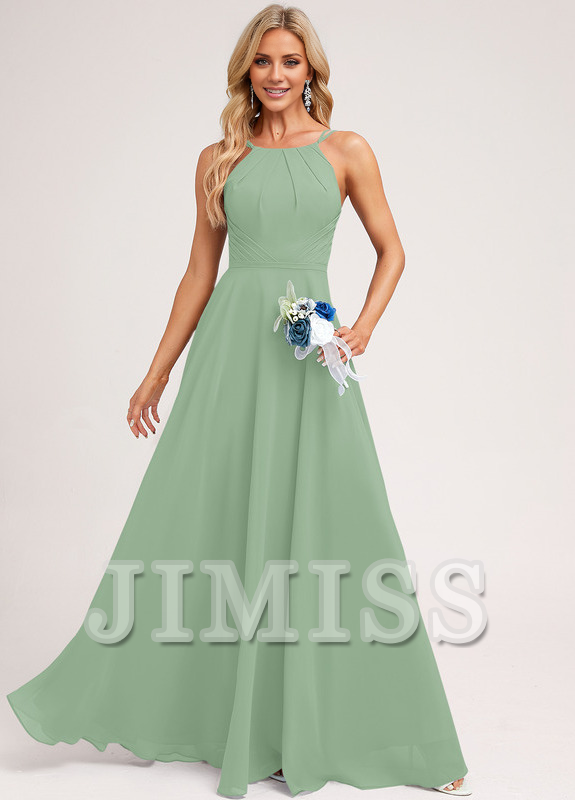 A-Line Halter Neck Floor Length Chiffon Bridesmaids Dress