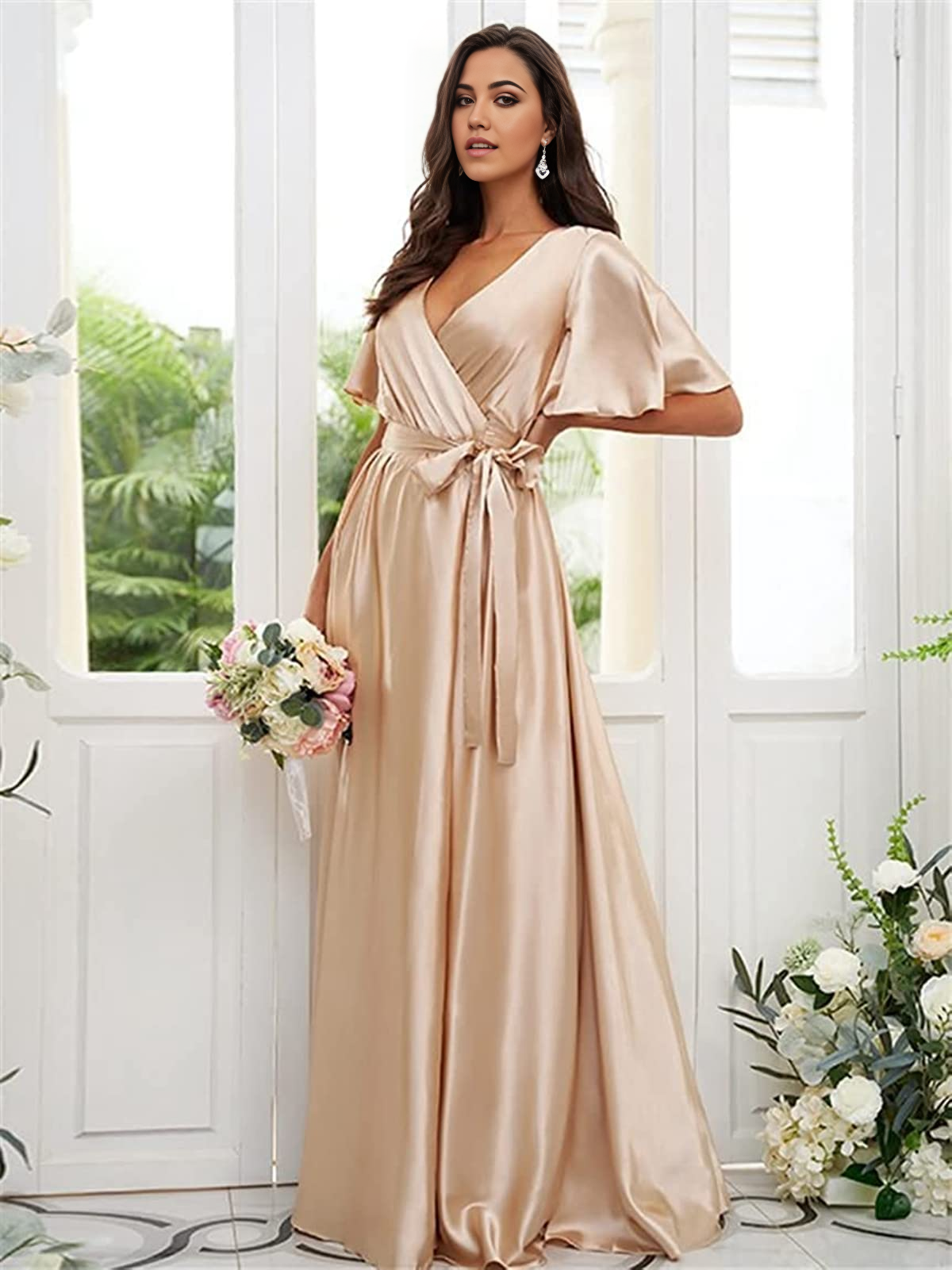 A Line V Neck Sleeves Satin formal dresses evening gown Bridesmaid Dresses with Slit