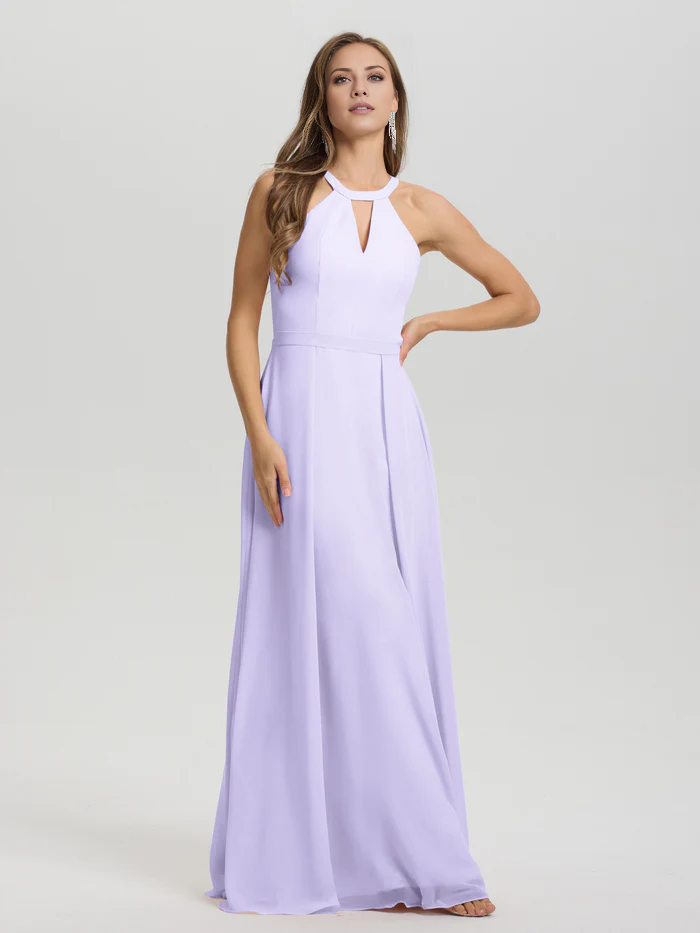 A-line keyhole collar sleeveless chiffon and floor length bridesmaid dress