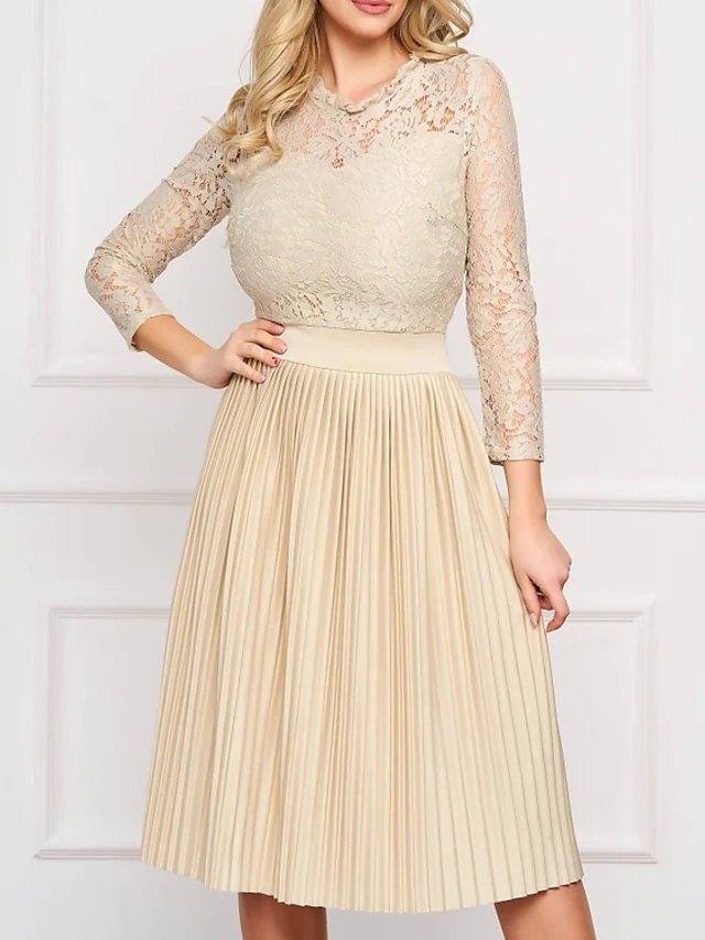 A-Line Mother of the Bride Dress Elegant Jewel Neck Knee Length Chiffon Lace 3/4 Length Sleeve with Pleats Embroidery - RongMoon