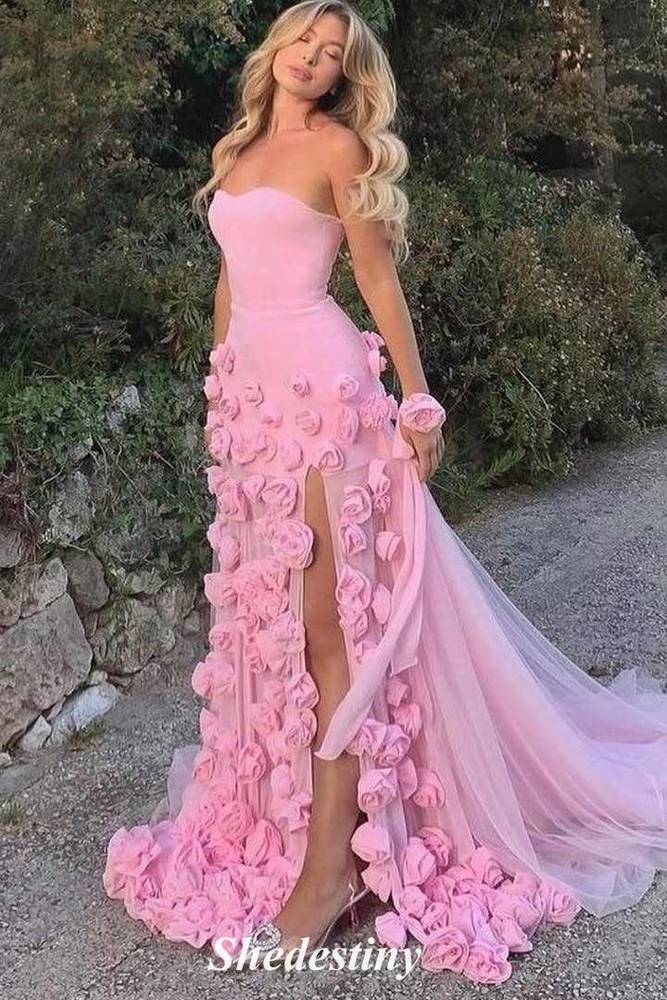 3D Flowers Princess Pink Sweetheart A-Line Prom Dress with Slit