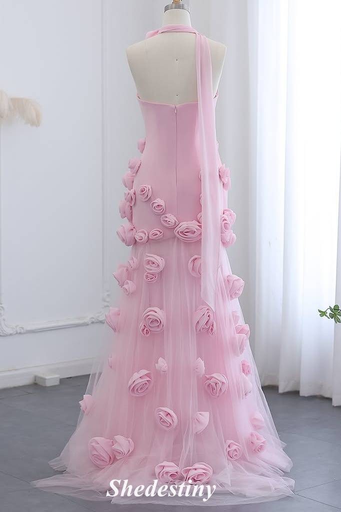 3D Flowers Princess Pink Sweetheart A-Line Prom Dress with Slit