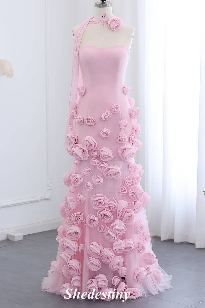 3D Flowers Princess Pink Sweetheart A-Line Prom Dress with Slit
