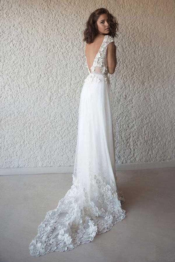 A-line Ivory Cap Sleeve See Through Wedding Dresses Beach Bridal Dress