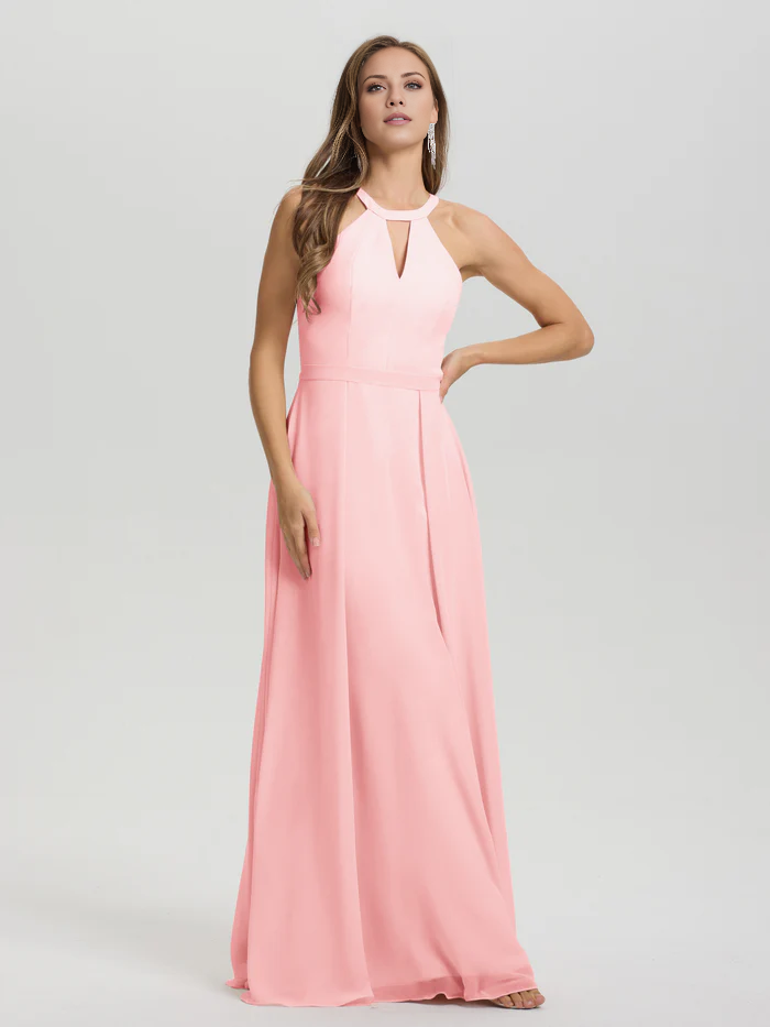 A-line keyhole collar sleeveless chiffon and floor length bridesmaid dress