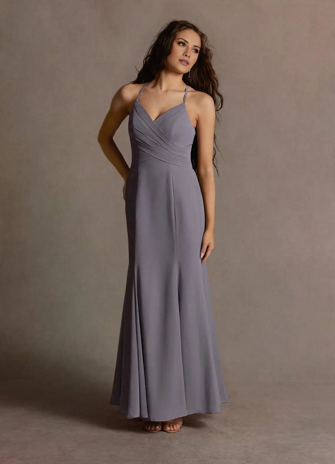 A-line hanging neck collar shoulder exposed chiffon long style evening dress