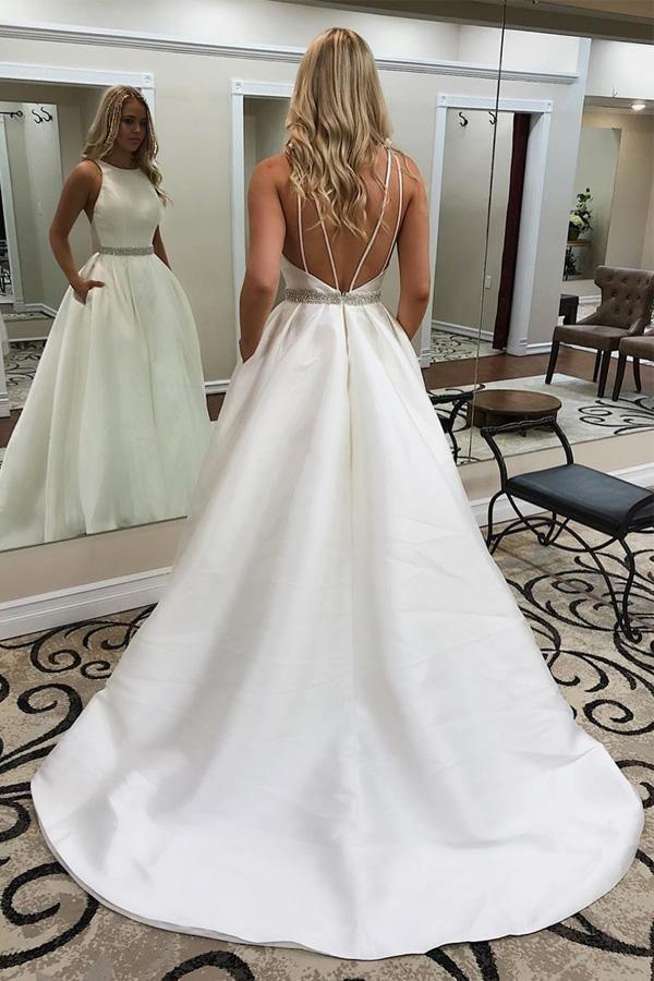 A-line Elegant Jewel Sleeveless Sweep Train Wedding Dress with Pockets