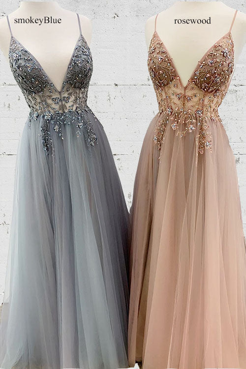 A-Line Beaded Long Rosewood Prom Dress with Split