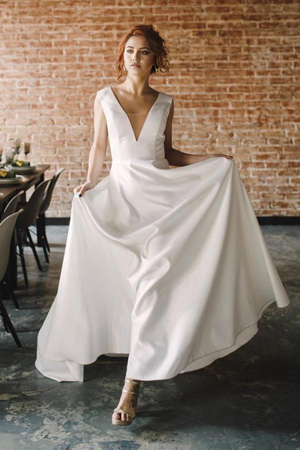 A Line V Neck Open Back Satin Long Wedding Dresses